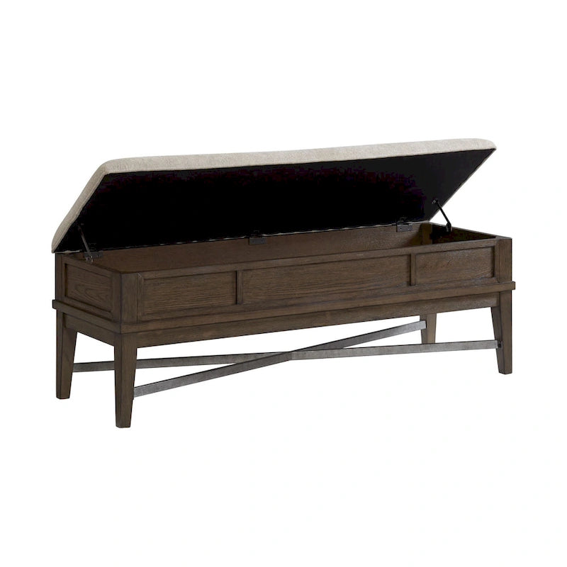 Banc de rangement de chambre en chêne patiné avec coussin et quincaillerie en bronze antique