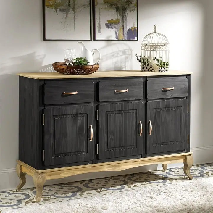 Buffet en pin massif avec finition cirée vintage et quincaillerie en cuivre