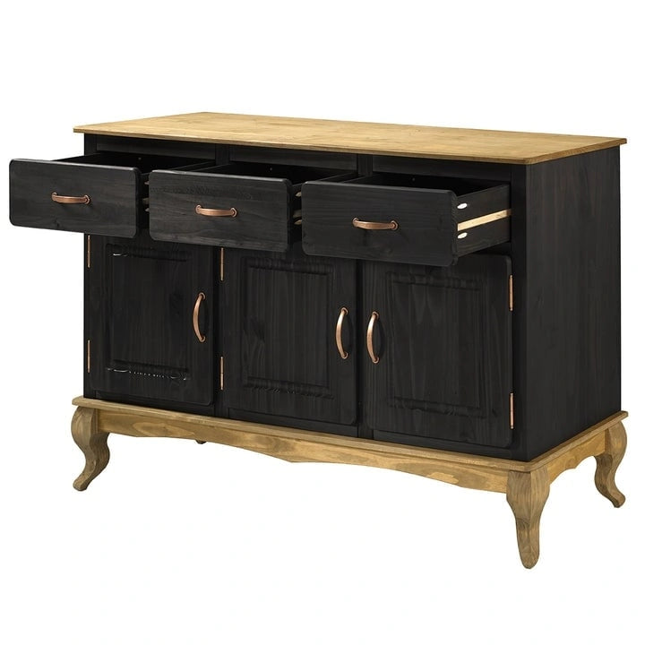 Buffet en pin massif avec finition cirée vintage et quincaillerie en cuivre
