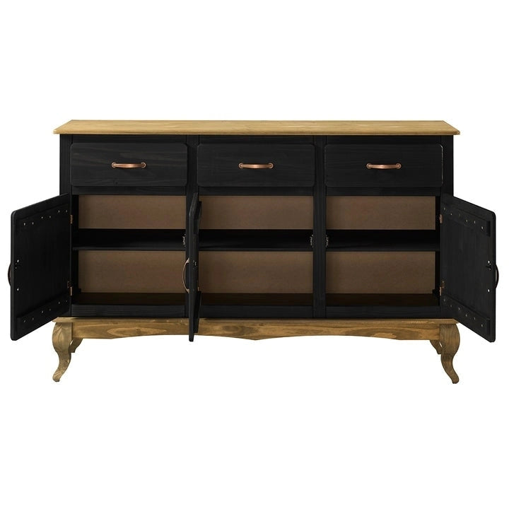 Buffet en pin massif avec finition cirée vintage et quincaillerie en cuivre