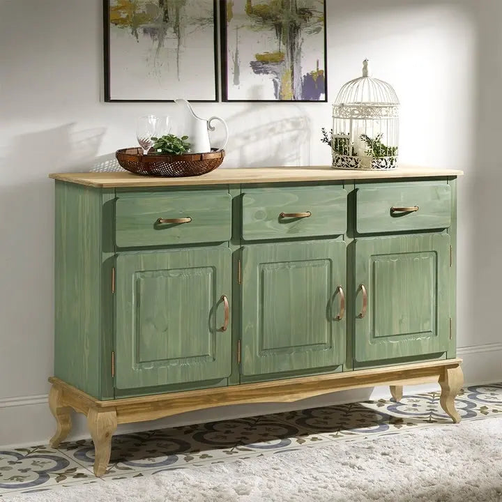 Buffet en pin massif avec finition cirée vintage et quincaillerie en cuivre