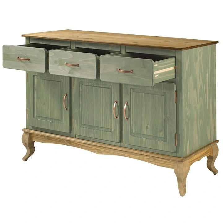Buffet en pin massif avec finition cirée vintage et quincaillerie en cuivre