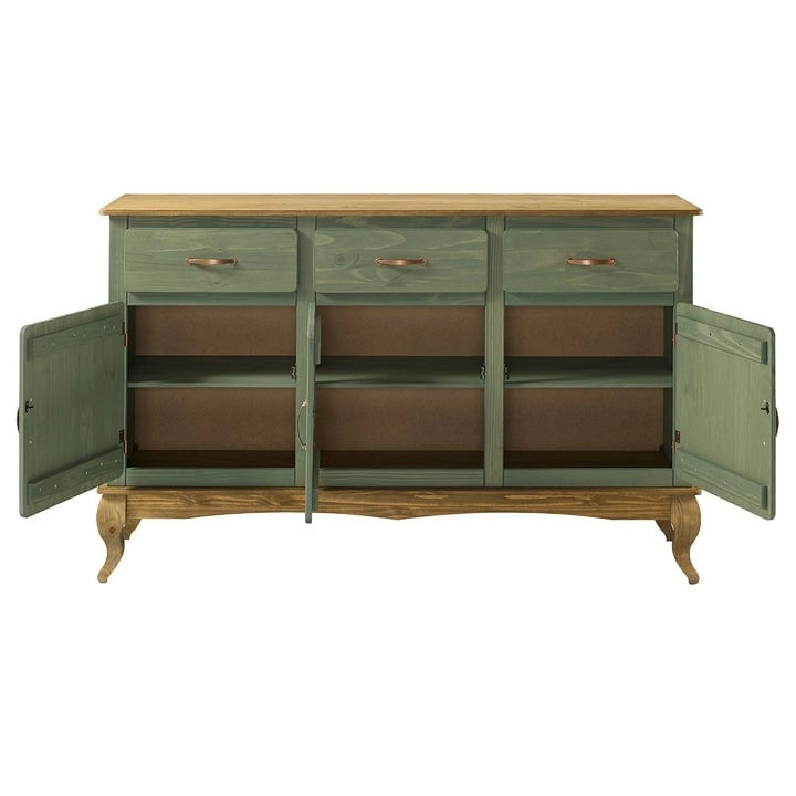 Buffet en pin massif avec finition cirée vintage et quincaillerie en cuivre