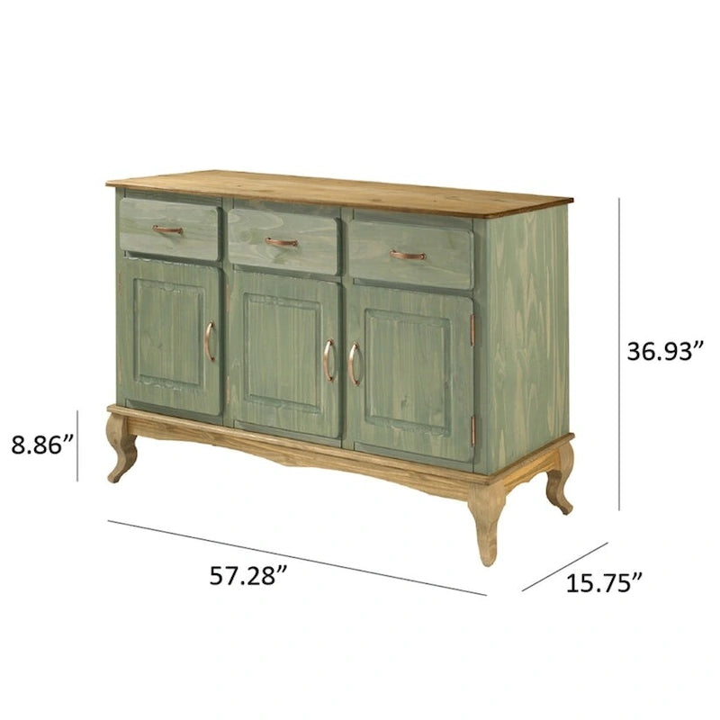 Buffet en pin massif avec finition cirée vintage et quincaillerie en cuivre