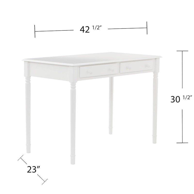 Bureau classique à 2 tiroirs avec pieds tournés, blanc