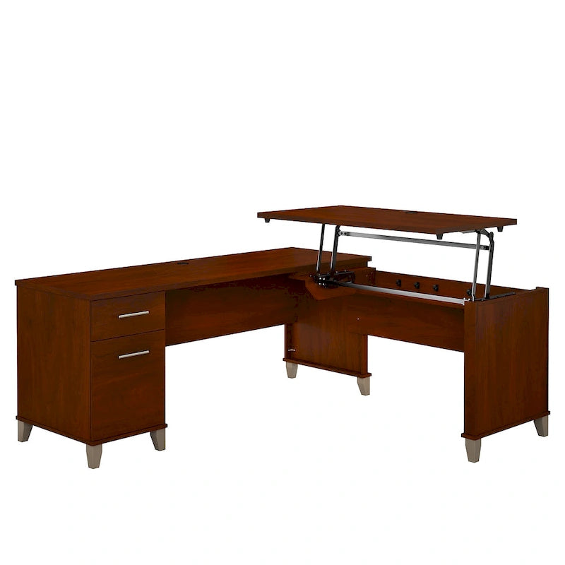 Bureau en L 72W 3 positions assis-debout avec tiroir classeur