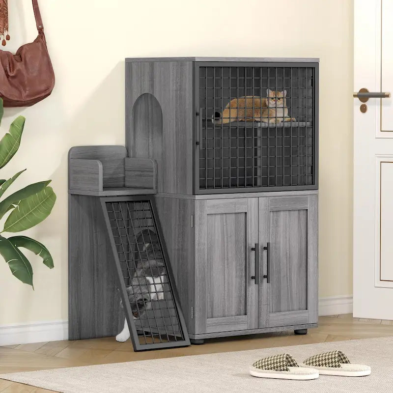 Meuble cache-litière pour chat avec échelle d'escalade et perchoir de repos