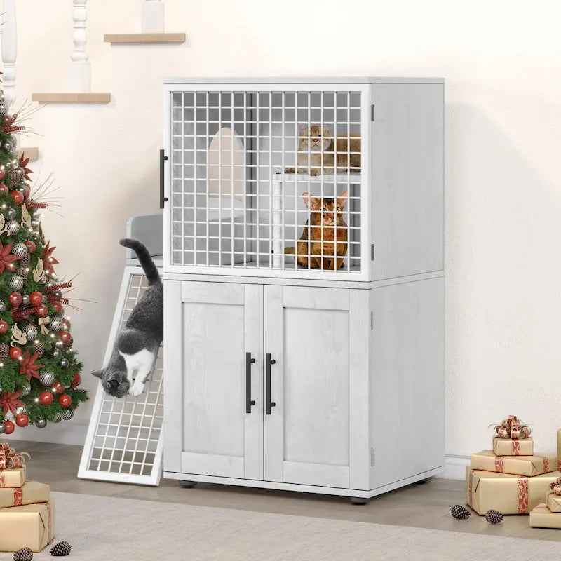 Meuble cache-litière pour chat avec échelle d'escalade et perchoir de repos