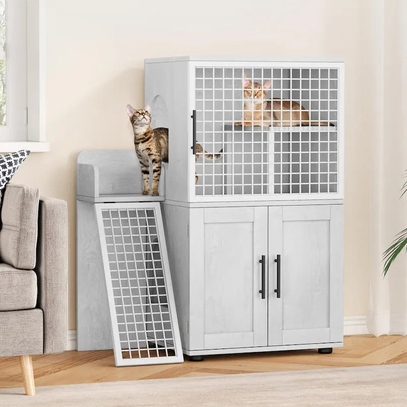 Meuble cache-litière pour chat avec échelle d'escalade et perchoir de repos