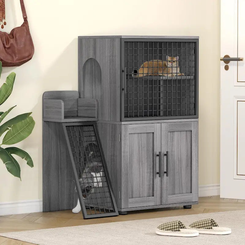 Meuble cache-litière pour chat avec échelle d'escalade et perchoir de repos