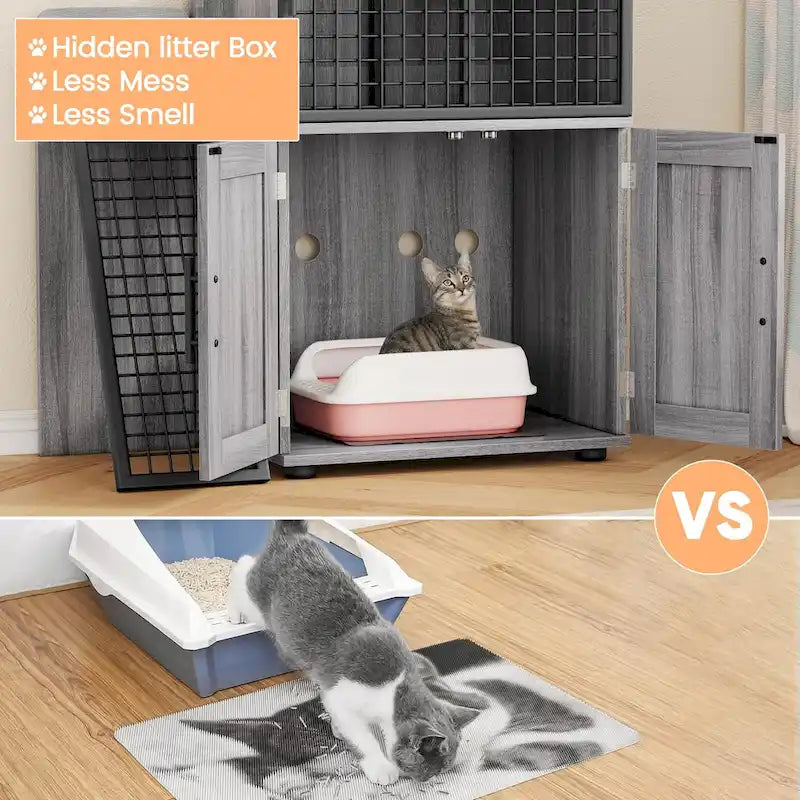 Meuble cache-litière pour chat avec échelle d'escalade et perchoir de repos
