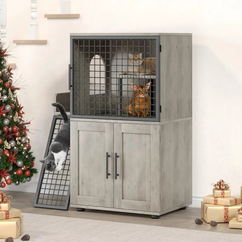 Meuble cache-litière pour chat avec échelle d'escalade et perchoir de repos