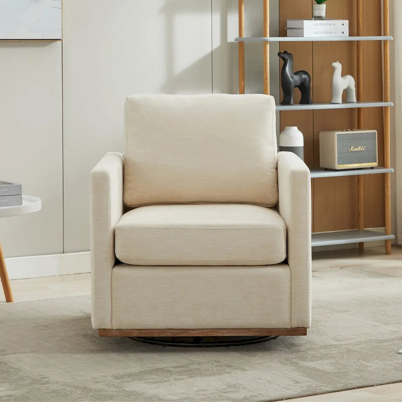 Fauteuil pivotant à 360° avec tissu chenille et base en bois massif
