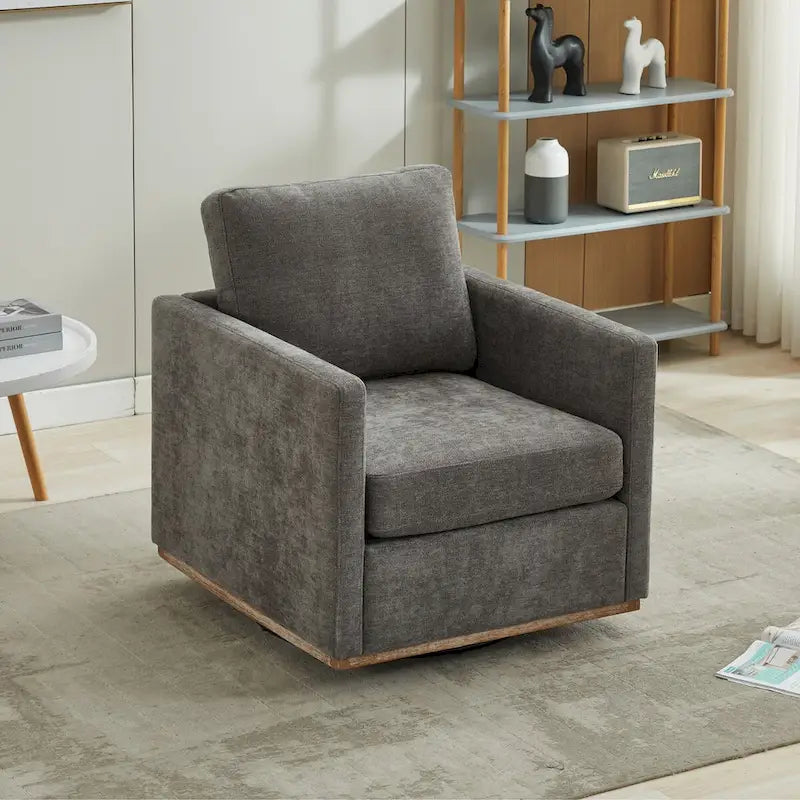 Fauteuil pivotant à 360° avec tissu chenille et base en bois massif