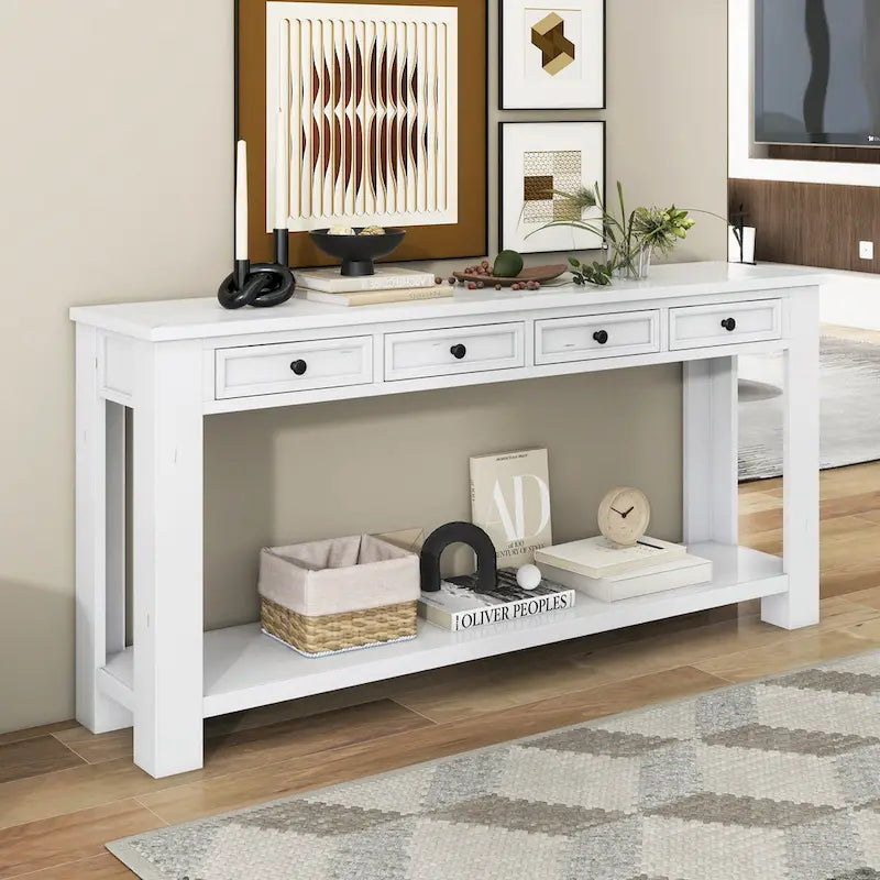 Console rustique avec 4 tiroirs et étagère inférieure
