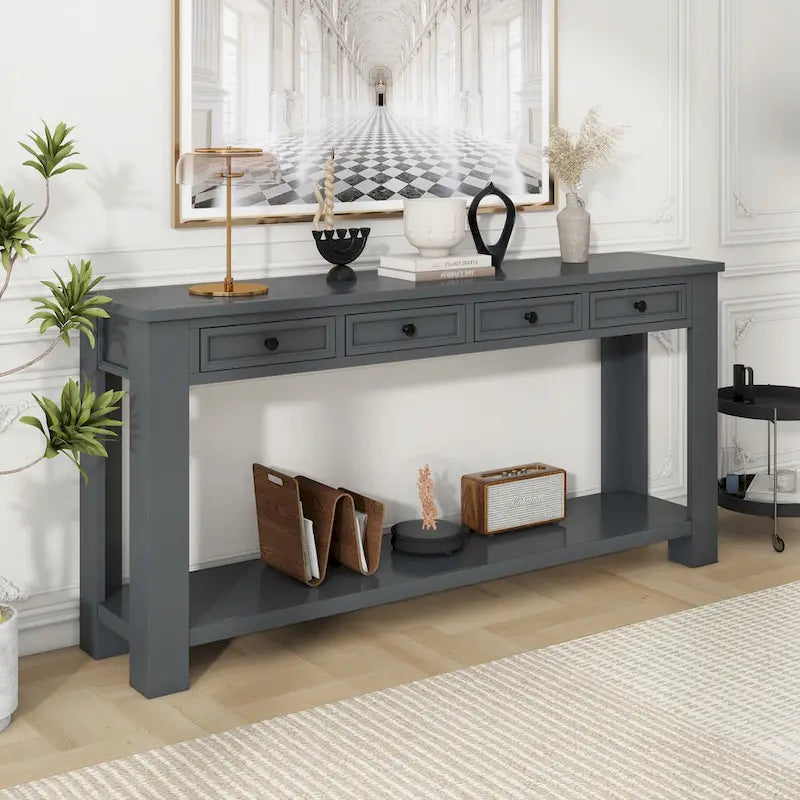 Console rustique avec 4 tiroirs et étagère inférieure