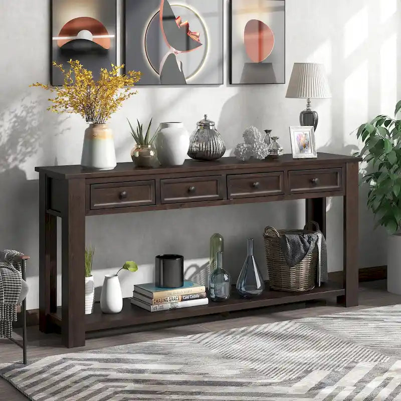 Console rustique avec 4 tiroirs et étagère inférieure