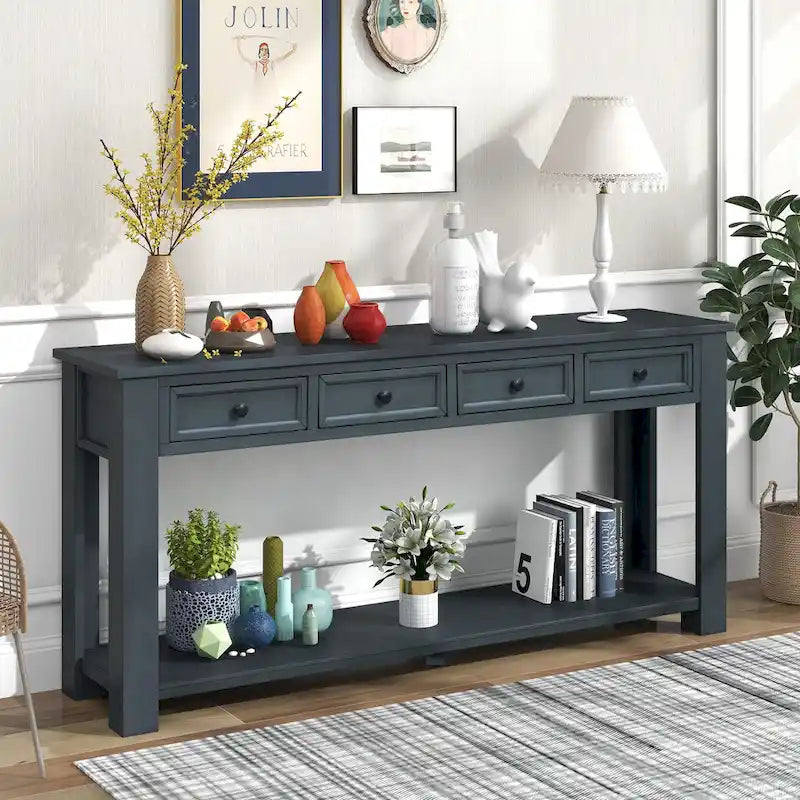 Console rustique avec 4 tiroirs et étagère inférieure