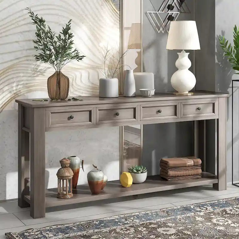 Console rustique avec 4 tiroirs et étagère inférieure