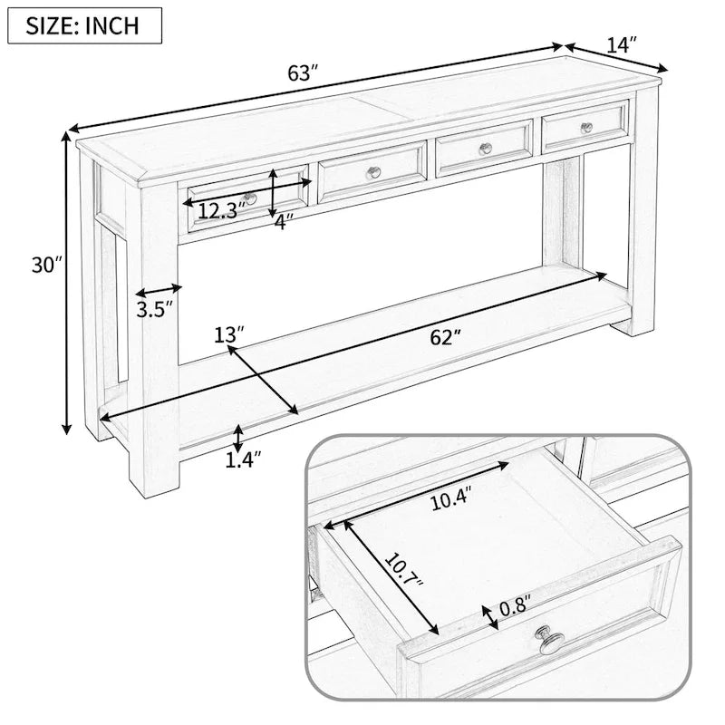 Console rustique avec 4 tiroirs et étagère inférieure