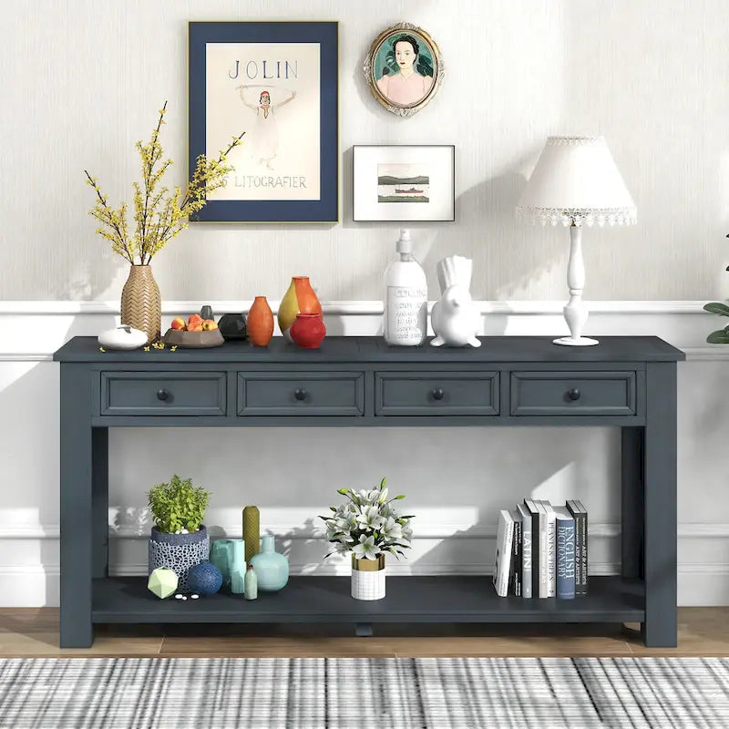 Console rustique avec 4 tiroirs et étagère inférieure