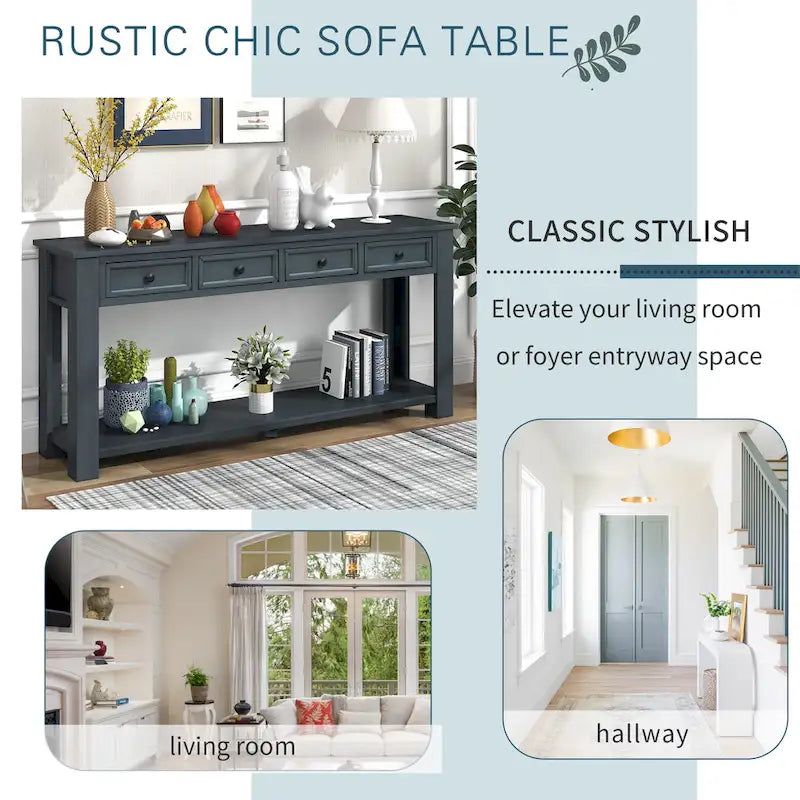 Console rustique avec 4 tiroirs et étagère inférieure