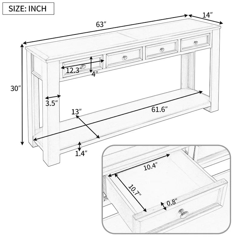 Console rustique avec 4 tiroirs et étagère inférieure