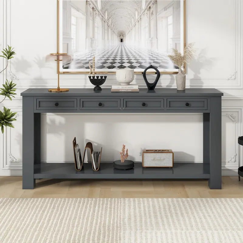 Console rustique avec 4 tiroirs et étagère inférieure