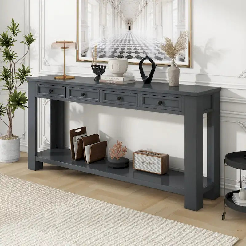 Console rustique avec 4 tiroirs et étagère inférieure