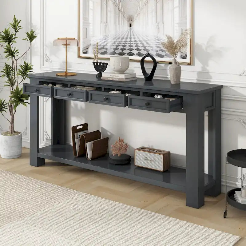 Console rustique avec 4 tiroirs et étagère inférieure
