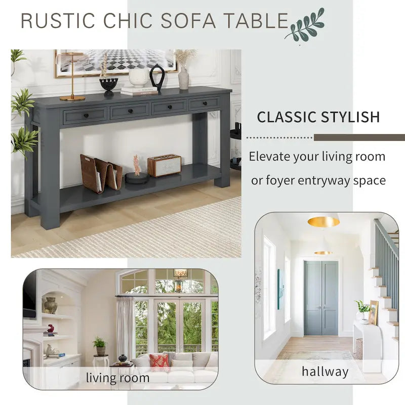 Console rustique avec 4 tiroirs et étagère inférieure