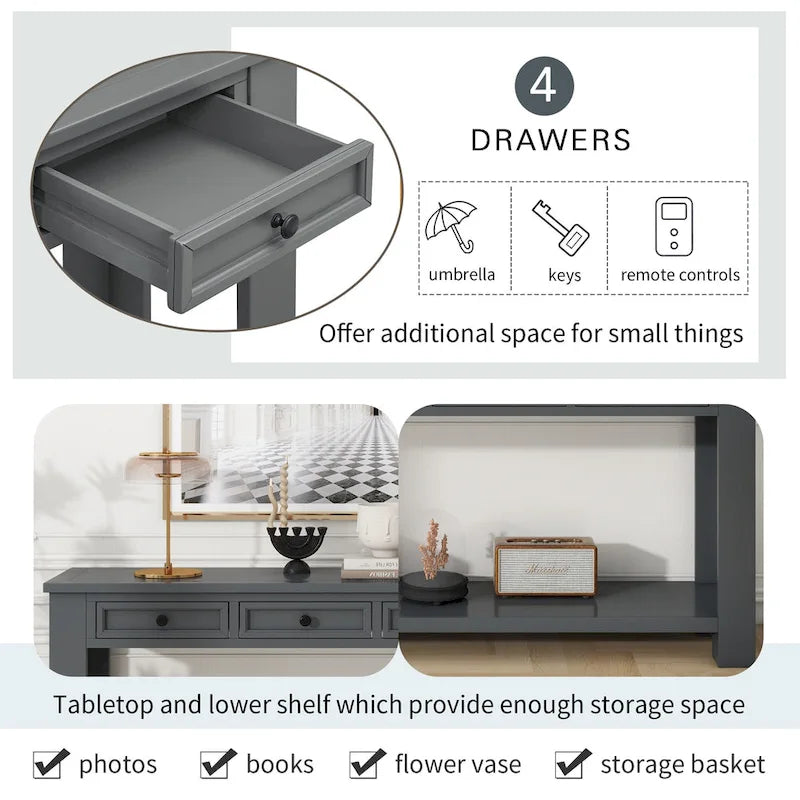 Console rustique avec 4 tiroirs et étagère inférieure