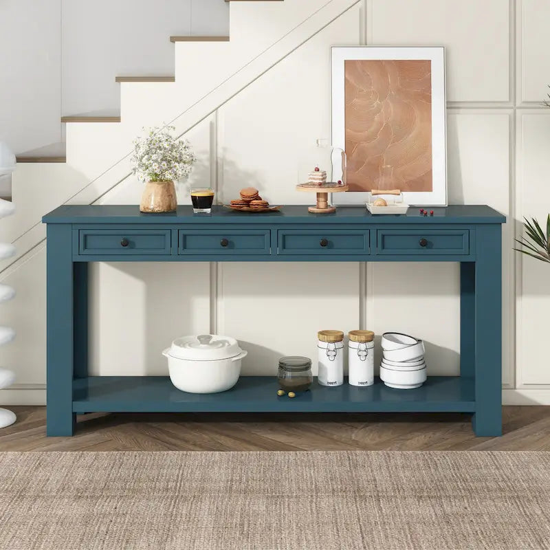 Console rustique avec 4 tiroirs et étagère inférieure