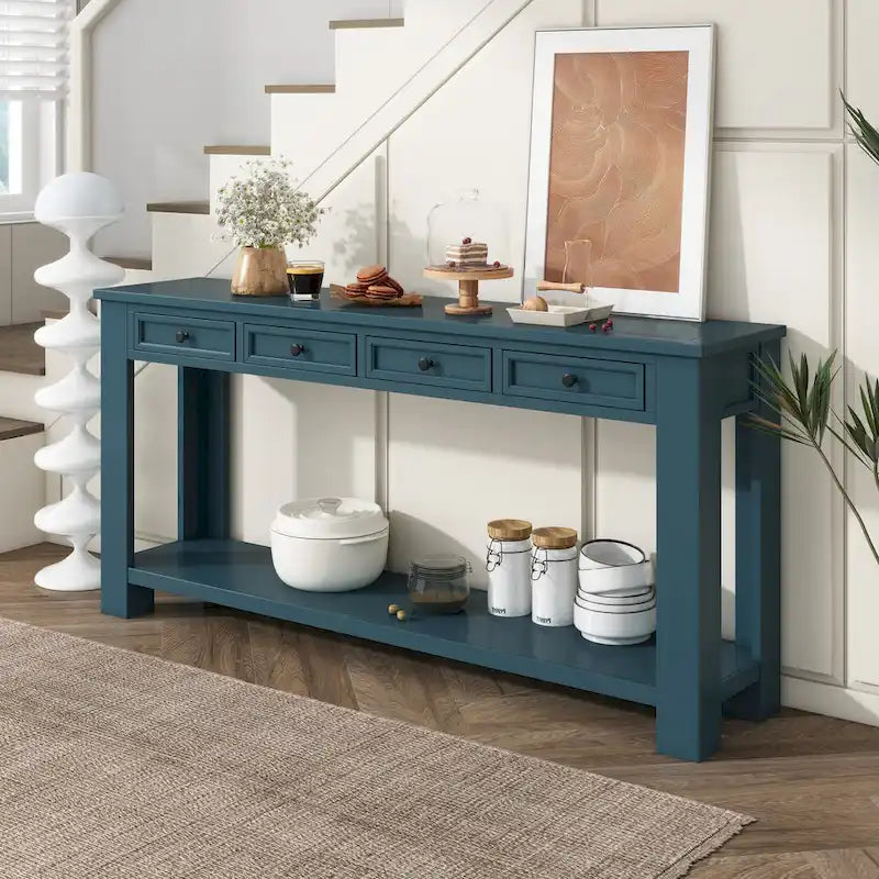 Console rustique avec 4 tiroirs et étagère inférieure