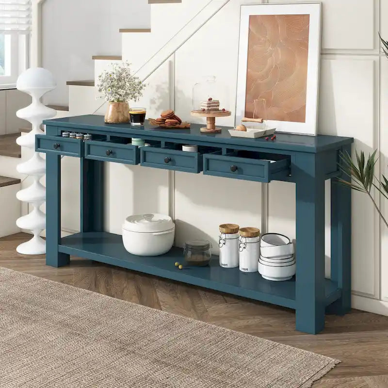 Console rustique avec 4 tiroirs et étagère inférieure