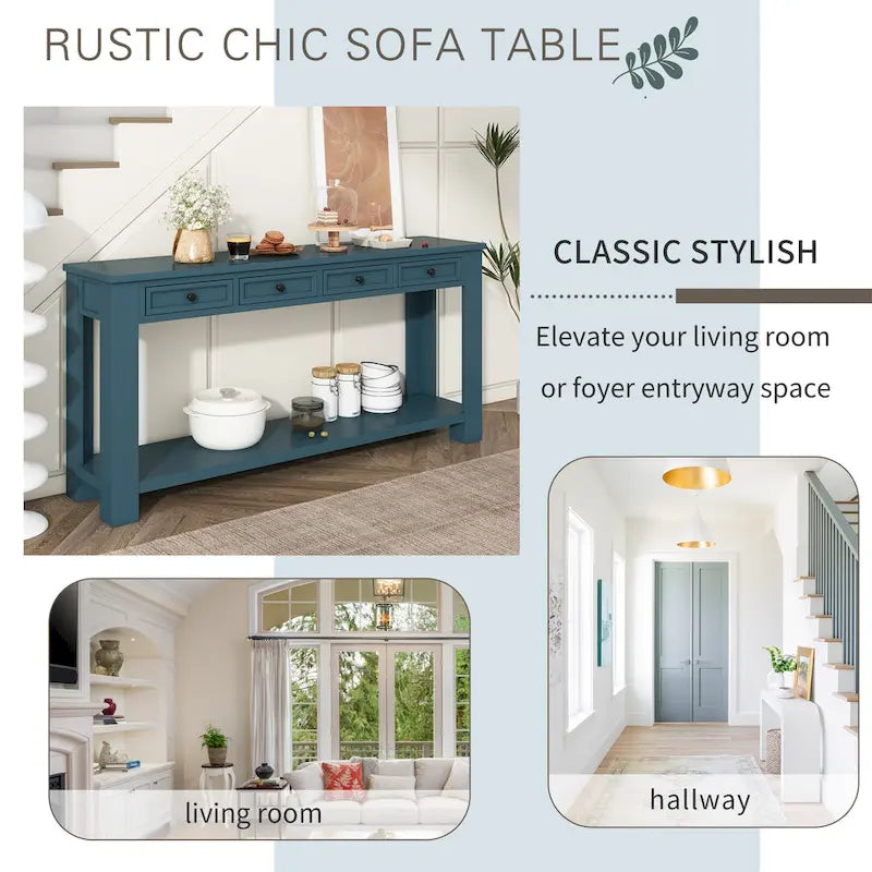 Console rustique avec 4 tiroirs et étagère inférieure