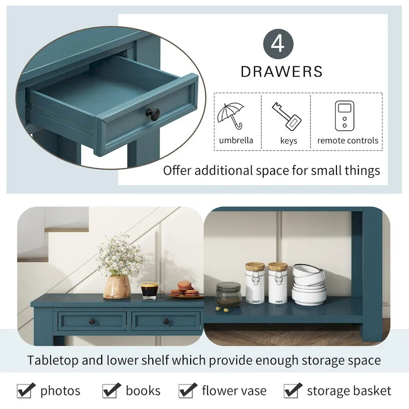Console rustique avec 4 tiroirs et étagère inférieure
