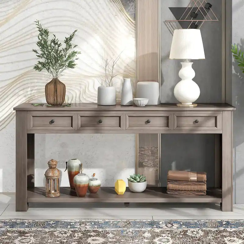 Console rustique avec 4 tiroirs et étagère inférieure