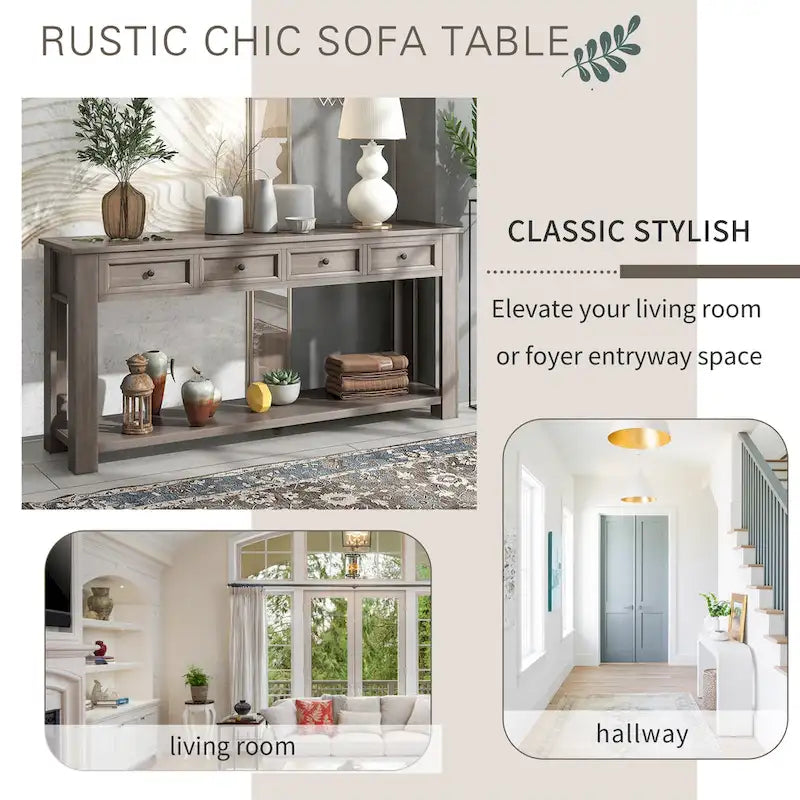 Console rustique avec 4 tiroirs et étagère inférieure
