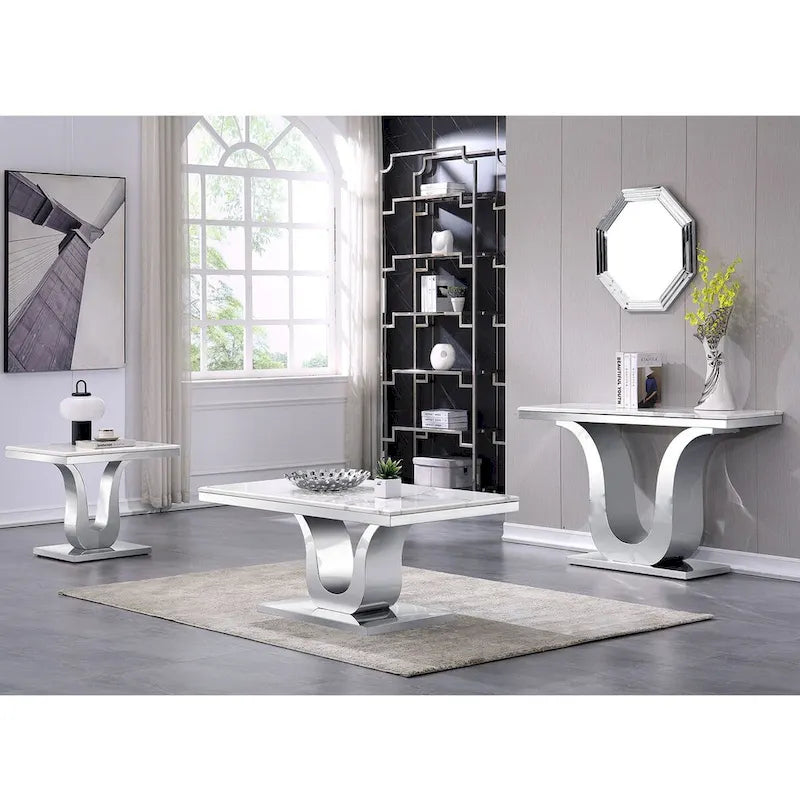 Table basse moderne blanche et or avec base en métal en forme de U