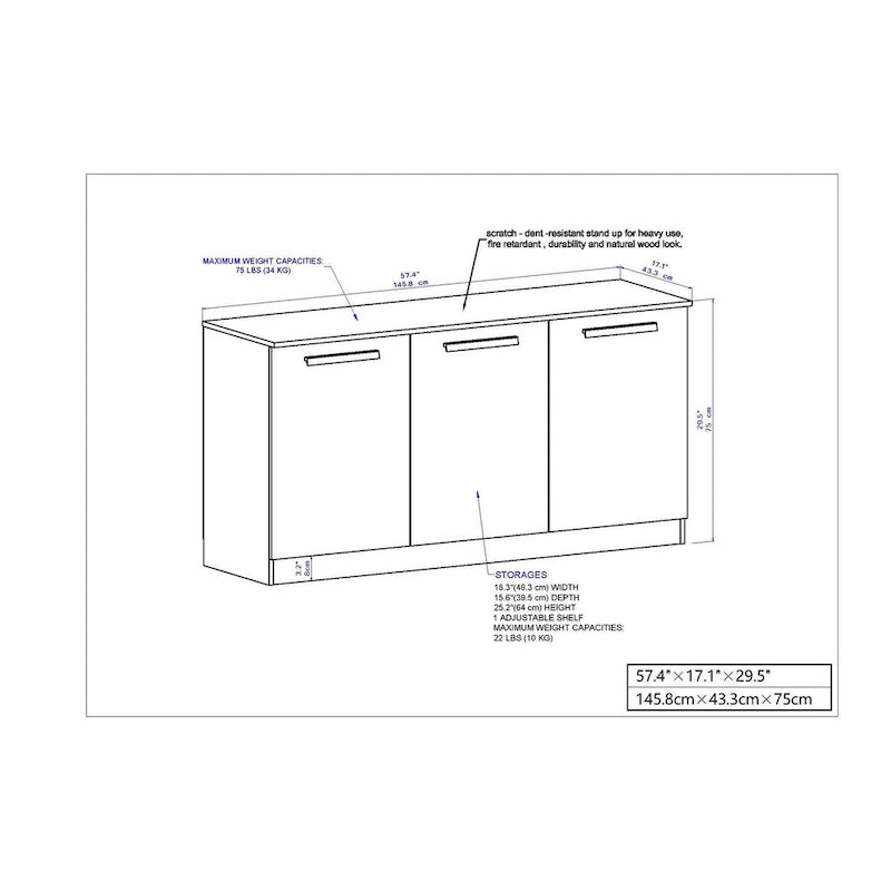 Buffet contemporain à 3 portes avec étagères intérieures